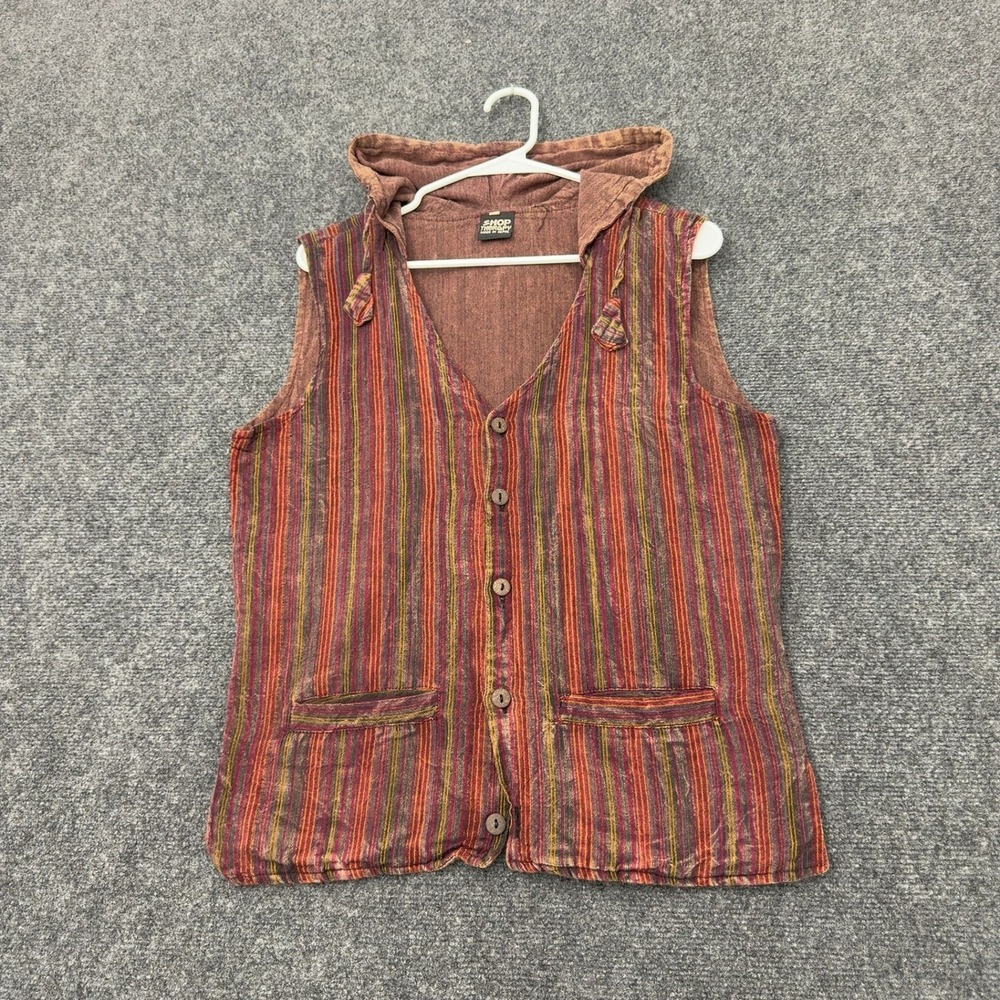 Vintage Shop Therapy Vest Men L Red Cotton Striped Hooded Cinch Back Boho Hippie